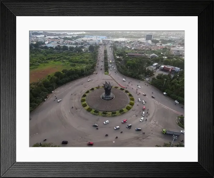 Framed Print : Aerial top down of traffic in Bekasi roundabout during sunny day. Cars passing road. Bekasi. Indonesia. May, 6 2021 Framed Print : Aerial top down of traffic in Bekasi roundabout during sunny day. Cars passing road. Bekasi. Indonesia. May, 6 2021