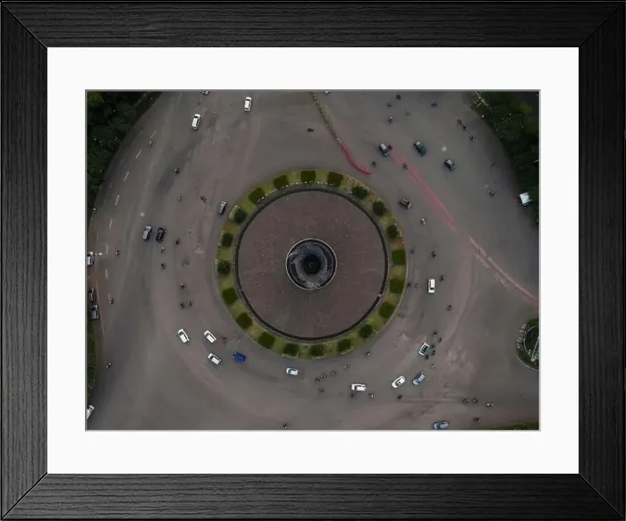 Framed Print : Aerial top down of traffic in Bekasi roundabout during sunny day. Cars passing road. Bekasi. Indonesia. May, 6 2021 Framed Print : Aerial top down of traffic in Bekasi roundabout during sunny day. Cars passing road. Bekasi. Indonesia. May, 6 2021