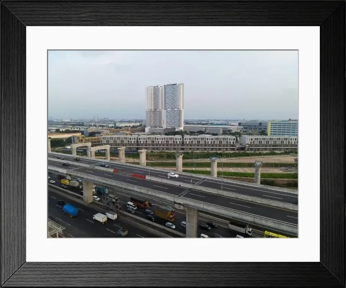 Framed Print : Aerial view on the new road construction site at Bekasi. Bekasi, Indonesia, April 26, 2021 Framed Print : Aerial view on the new road construction site at Bekasi. Bekasi, Indonesia, April 26, 2021