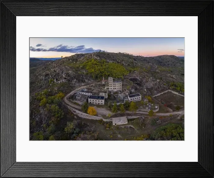 Framed Print : Drone aerial panorama of Termas Radium Hotel Serra da Pena at sunset in Sortelha, Portugal Framed Print : Drone aerial panorama of Termas Radium Hotel Serra da Pena at sunset in Sortelha, Portugal
