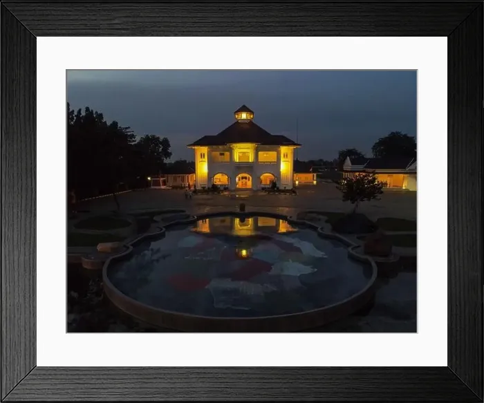 Framed Print : Aerial drone view of Monument Gedung Juang is one of historical building in Tambun at night Framed Print : Aerial drone view of Monument Gedung Juang is one of historical building in Tambun at night