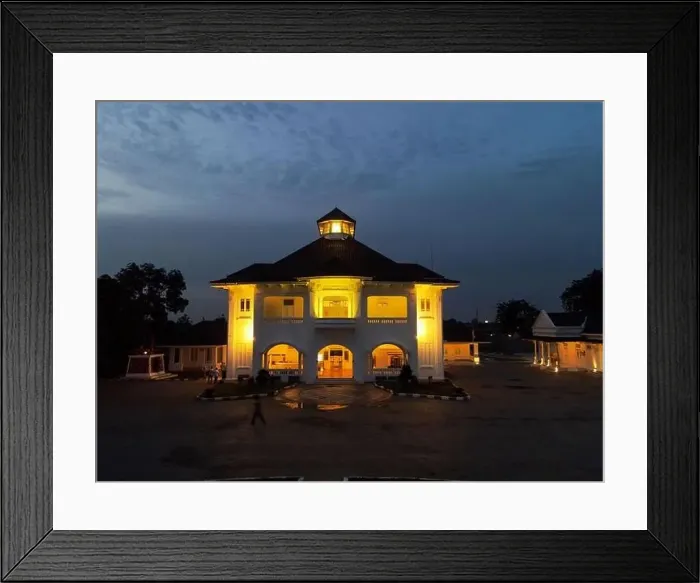 Framed Print : Aerial drone view of Monument Gedung Juang is one of historical building in Tambun at night Framed Print : Aerial drone view of Monument Gedung Juang is one of historical building in Tambun at night