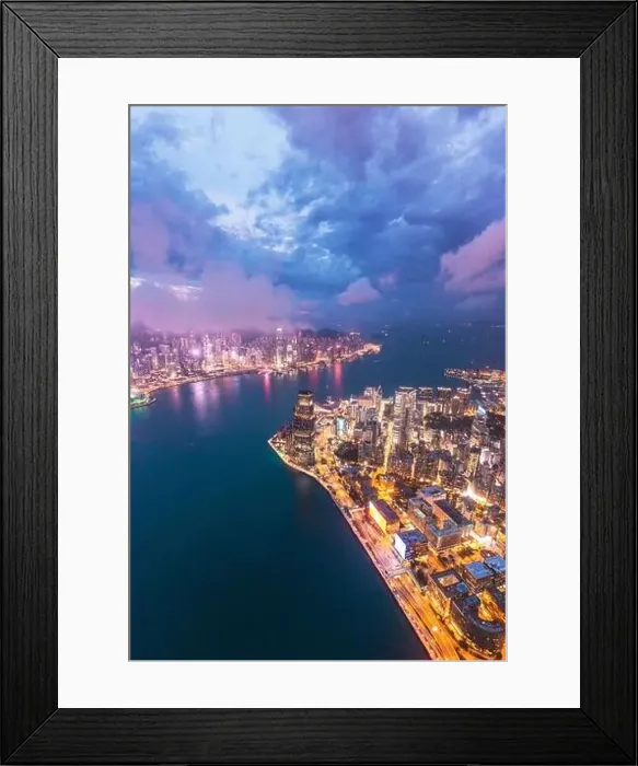 Framed Print : Epic aerial view of cityscape of Hong Kong. Cyberpunk metropolis scene, night, drone view Framed Print : Epic aerial view of cityscape of Hong Kong. Cyberpunk metropolis scene, night, drone view