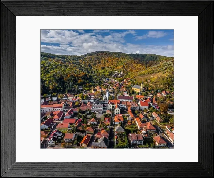 Framed Print : Tokaj, Hungary - Aerial view of the town of Tokaj on a sunny autumn morning with blue sky and clouds Framed Print : Tokaj, Hungary - Aerial view of the town of Tokaj on a sunny autumn morning with blue sky and clouds