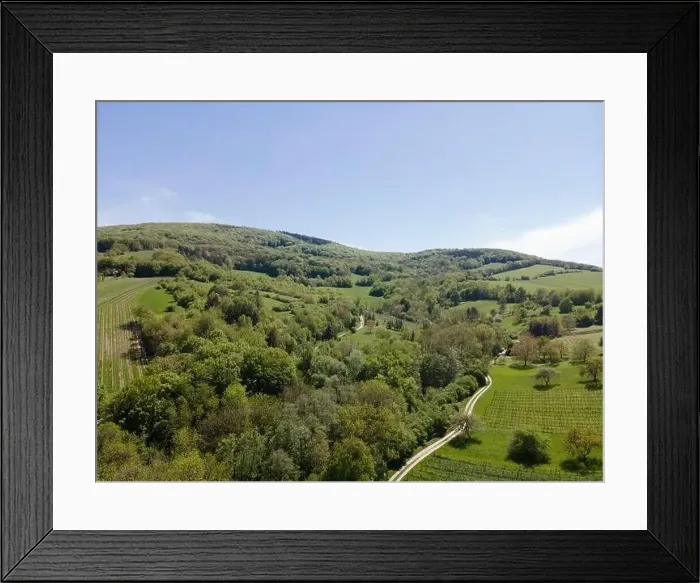Framed Print : aerial drone flight photo of green hills, meadows and fresh forest in Lower Austria at the edge of Vienna Woods Framed Print : aerial drone flight photo of green hills, meadows and fresh forest in Lower Austria at the edge of Vienna Woods