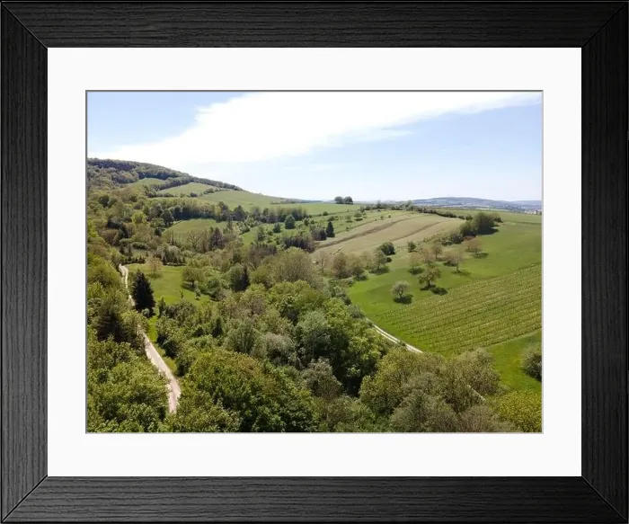 Framed Print : aerial drone flight photo of green hills, meadows and fresh forest in Lower Austria at the edge of Vienna Woods Framed Print : aerial drone flight photo of green hills, meadows and fresh forest in Lower Austria at the edge of Vienna Woods