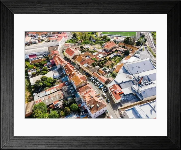 Framed Print : Aerial view of a small residential district in Lisbon outskirt along a railway, Marvila neighbourhood, Lisbon, Portugal Framed Print : Aerial view of a small residential district in Lisbon outskirt along a railway, Marvila neighbourhood, Lisbon, Portugal
