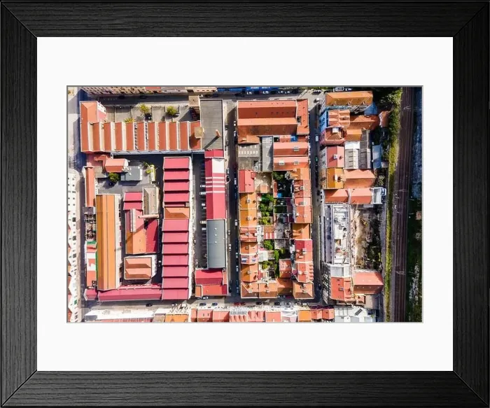 Framed Print : Aerial view of a small residential district in Lisbon outskirt along a railway, Marvila neighbourhood, Lisbon, Portugal Framed Print : Aerial view of a small residential district in Lisbon outskirt along a railway, Marvila neighbourhood, Lisbon, Portugal