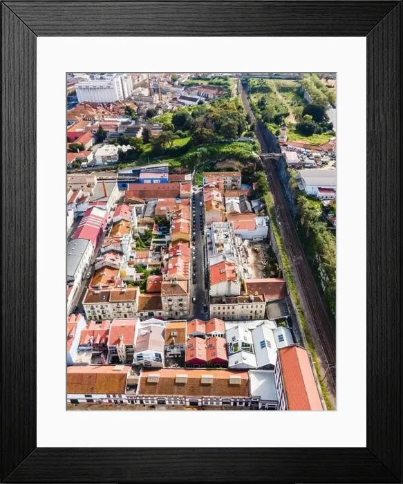 Framed Print : Aerial view of a small residential district in Lisbon outskirt along a railway, Marvila neighbourhood, Lisbon, Portugal Framed Print : Aerial view of a small residential district in Lisbon outskirt along a railway, Marvila neighbourhood, Lisbon, Portugal