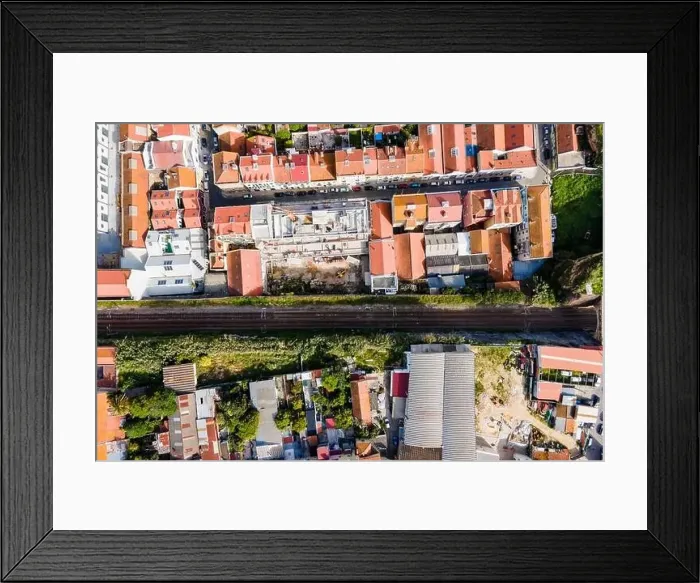 Framed Print : Aerial view of a small residential district in Lisbon outskirt along a railway, Marvila neighbourhood, Lisbon, Portugal Framed Print : Aerial view of a small residential district in Lisbon outskirt along a railway, Marvila neighbourhood, Lisbon, Portugal