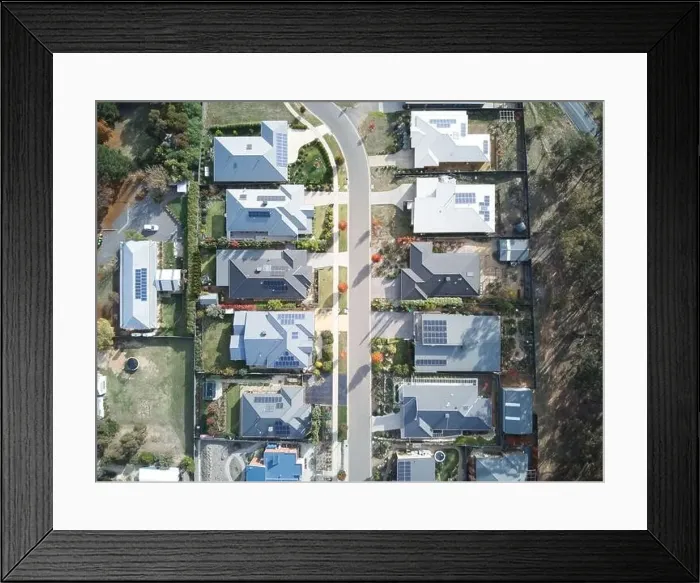 Framed Print : Suburban homes Australia aerial view showing residential street Framed Print : Suburban homes Australia aerial view showing residential street