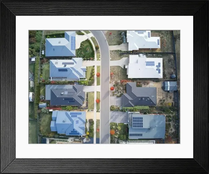 Framed Print : Suburban homes Australia aerial view showing residential street Framed Print : Suburban homes Australia aerial view showing residential street