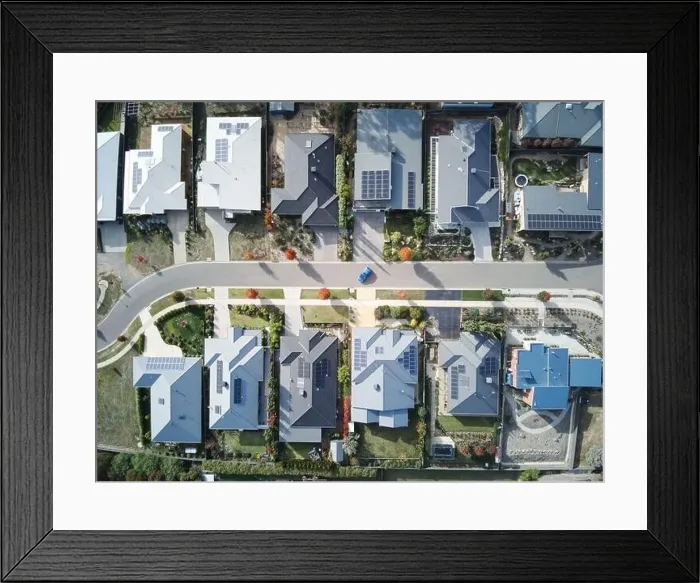 Framed Print : Suburban houses Australia aerial view showing residential street Framed Print : Suburban houses Australia aerial view showing residential street
