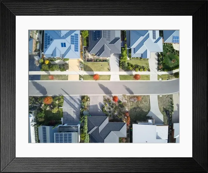Framed Print : Houses aerial overhead view with urban street scene Framed Print : Houses aerial overhead view with urban street scene