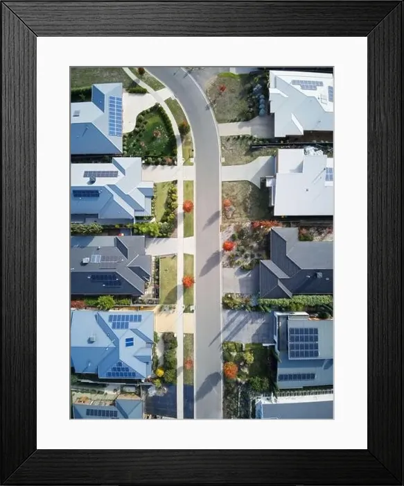 Framed Print : Houses aerial view showing urban street scene Framed Print : Houses aerial view showing urban street scene