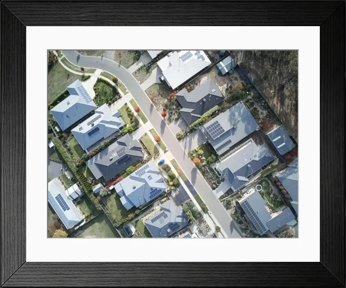 Framed Print : Houses aerial view showing urban street scene Framed Print : Houses aerial view showing urban street scene