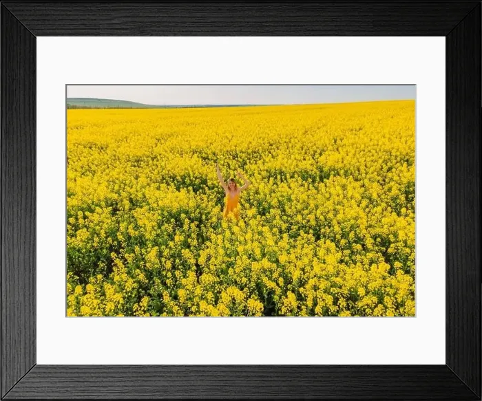 Framed Print : Aerial view of attractive woman at blooming rapeseed field. Yellow flowers and happy woman Framed Print : Aerial view of attractive woman at blooming rapeseed field. Yellow flowers and happy woman