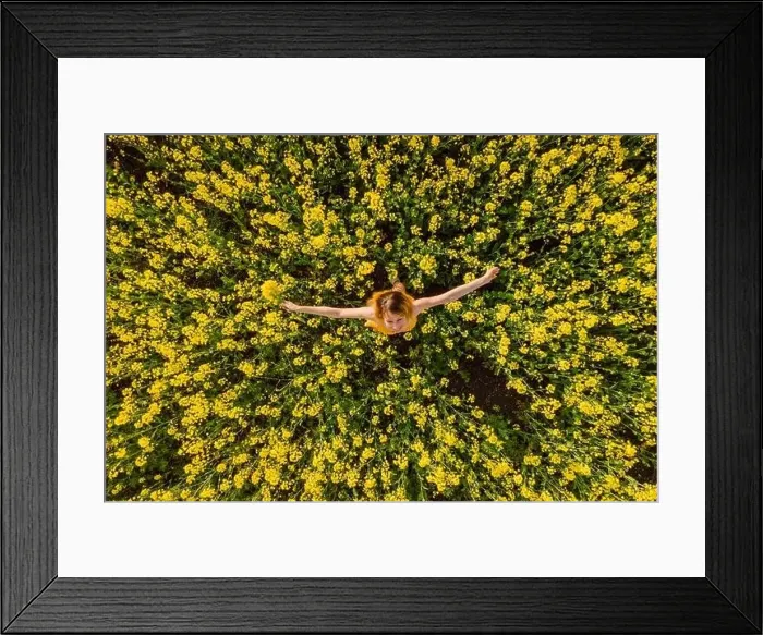 Framed Print : Aerial view of cheerful woman at blooming rapeseed field. Yellow flowers and happy woman Framed Print : Aerial view of cheerful woman at blooming rapeseed field. Yellow flowers and happy woman