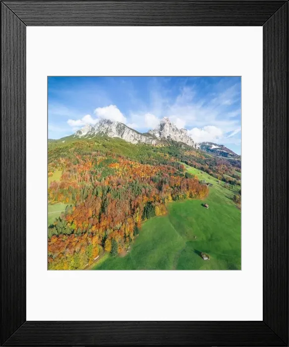 Framed Print : Aerial view of the canton Schwyz in central Switzerland. Mountain peaks Great Mythen 1898 m and Small Mythen 1811 m Framed Print : Aerial view of the canton Schwyz in central Switzerland. Mountain peaks Great Mythen 1898 m and Small Mythen 1811 m