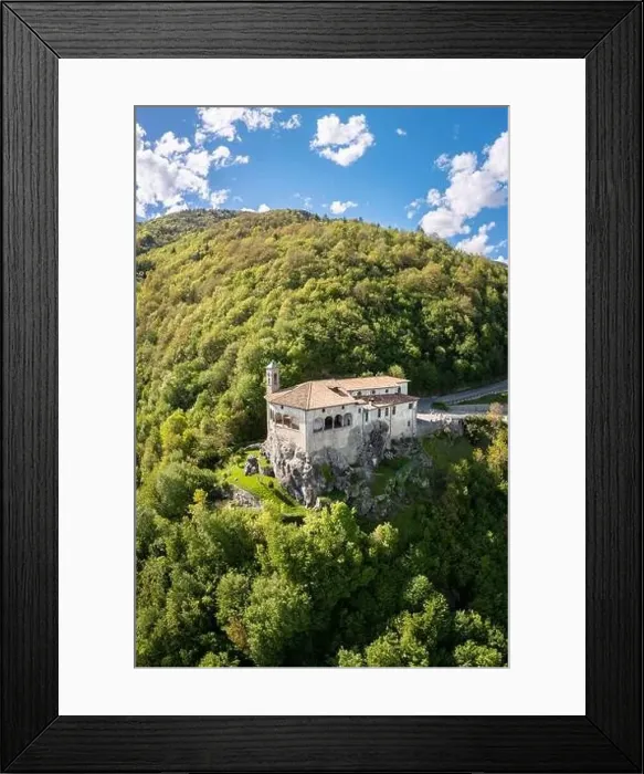 Framed Print : Aerial view of the San Patrizio sanctuary on a hill overlooking Casnigo and Valle Seriana Framed Print : Aerial view of the San Patrizio sanctuary on a hill overlooking Casnigo and Valle Seriana