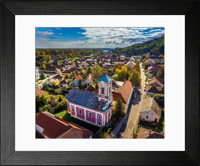 Framed Print : Tokaj, Hungary - Aerial view of the Saint Nicholas Orthodox church at the high street of the town of Tokaj on a sunny