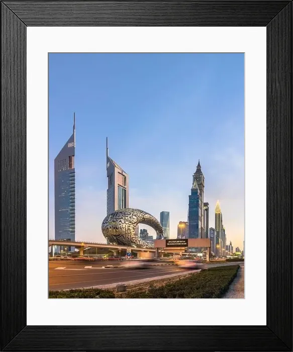 Framed Print : Panorama shot of Sheikh Zayed Road showing the new Museum of Future monument along with the Dubai skyline during blue Framed Print : Panorama shot of Sheikh Zayed Road showing the new Museum of Future monument along with the Dubai skyline during blue