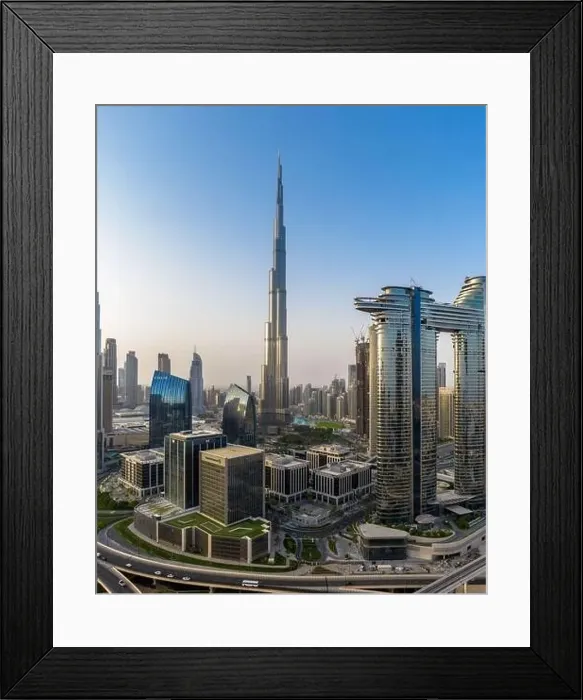 Framed Print : Dubai drone shot of the Burj Khalifa Skyline and the Downtown Dubai during golden hour Framed Print : Dubai drone shot of the Burj Khalifa Skyline and the Downtown Dubai during golden hour