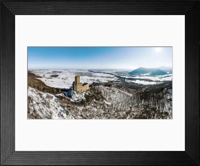 Framed Print : Panoramic view of the Ortenburg castle in the Vosges. Aerial view, drone shooting. Winter, Snow lies on the mountains Framed Print : Panoramic view of the Ortenburg castle in the Vosges. Aerial view, drone shooting. Winter, Snow lies on the mountains