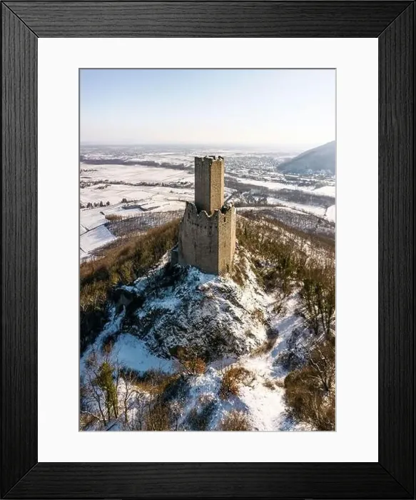 Framed Print : Panoramic view of the Ortenburg castle in the Vosges. Aerial view, drone shooting. Winter, Snow lies on the mountains Framed Print : Panoramic view of the Ortenburg castle in the Vosges. Aerial view, drone shooting. Winter, Snow lies on the mountains