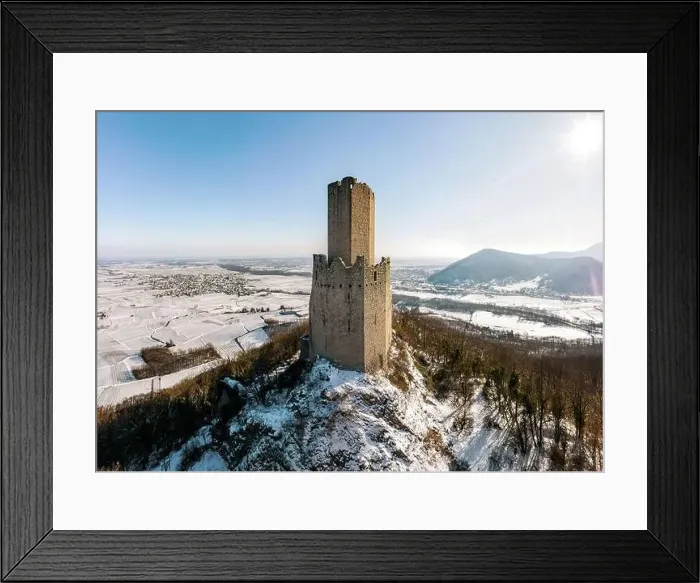 Framed Print : Panoramic view of the Ortenburg castle in the Vosges. Aerial view, drone shooting. Winter, Snow lies on the mountains Framed Print : Panoramic view of the Ortenburg castle in the Vosges. Aerial view, drone shooting. Winter, Snow lies on the mountains