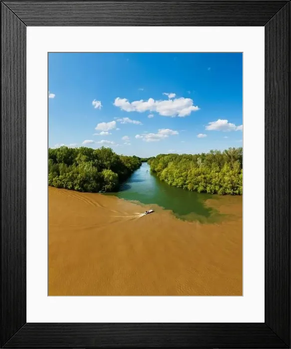 Framed Print : Tisza and Koros River estuary. It has amazing water mixing texture photo with a boat in spring time Framed Print : Tisza and Koros River estuary. It has amazing water mixing texture photo with a boat in spring time