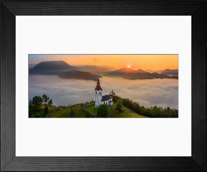 Framed Print : Sebrelje, Slovenia - Aerial panoramic drone view of the beautiful hilltop church of St Framed Print : Sebrelje, Slovenia - Aerial panoramic drone view of the beautiful hilltop church of St