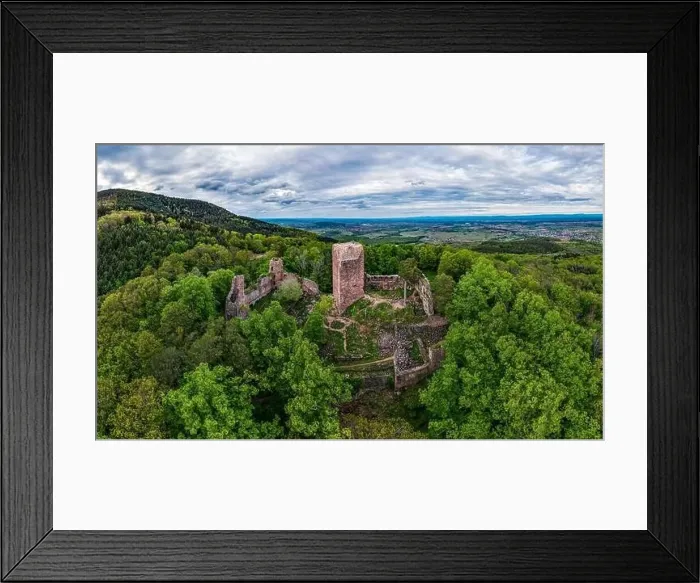 Framed Print : Medieval Castle Landsberg in Vosges, Alsace. Aerial view of the castle ruins, filmed from a drone. France Framed Print : Medieval Castle Landsberg in Vosges, Alsace. Aerial view of the castle ruins, filmed from a drone. France