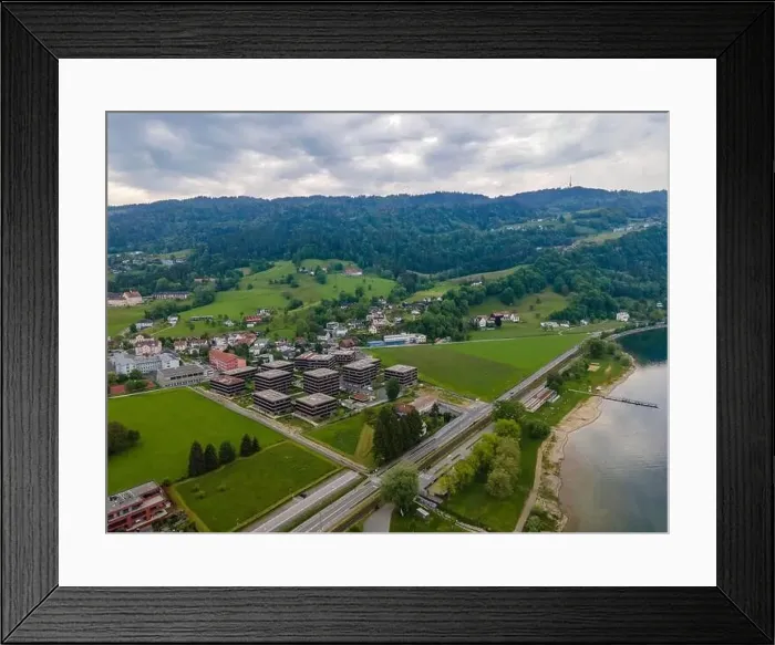Framed Print : View from a drone to the village Lochau at the Lake Constance, Vorarlberg, Austria Framed Print : View from a drone to the village Lochau at the Lake Constance, Vorarlberg, Austria