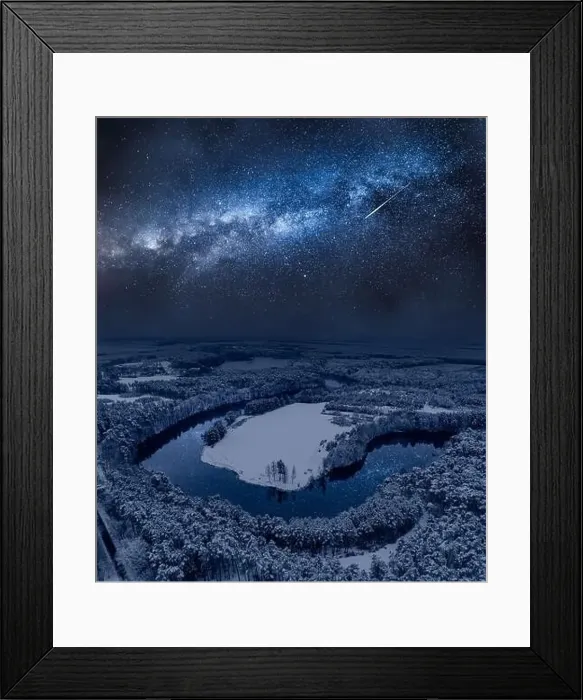 Framed Print : River and snowy forest at night. Aerial view of wildlife in winter. Nature in Europe Framed Print : River and snowy forest at night. Aerial view of wildlife in winter. Nature in Europe