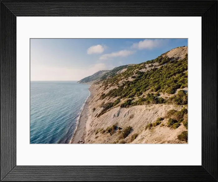 Framed Print : Aerial view of Greece coastline with sea and cliff with evergreen trees Framed Print : Aerial view of Greece coastline with sea and cliff with evergreen trees