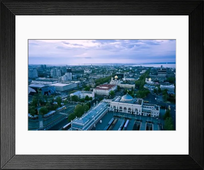 Framed Print : Evening panorama of the center city Odessa Ukraine. Drone footage, blue time Framed Print : Evening panorama of the center city Odessa Ukraine. Drone footage, blue time