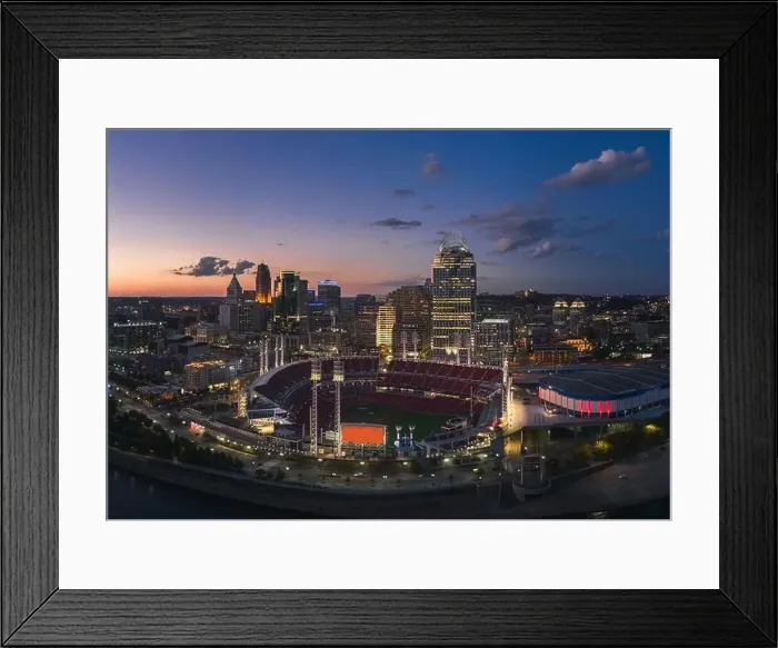 Framed Print : Cincinnati downtown aerial view at evening twilight, Ohio, USA skyline Framed Print : Cincinnati downtown aerial view at evening twilight, Ohio, USA skyline