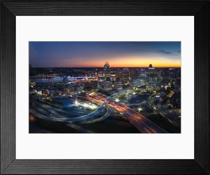 Framed Print : Cincinnati downtown aerial view at evening twilight, Ohio, USA skyline Framed Print : Cincinnati downtown aerial view at evening twilight, Ohio, USA skyline