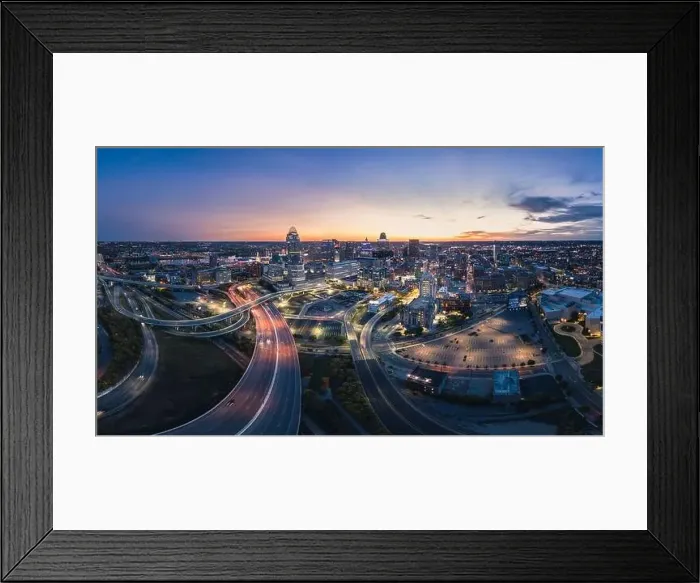 Framed Print : Cincinnati downtown aerial view at evening twilight, Ohio, USA skyline Framed Print : Cincinnati downtown aerial view at evening twilight, Ohio, USA skyline