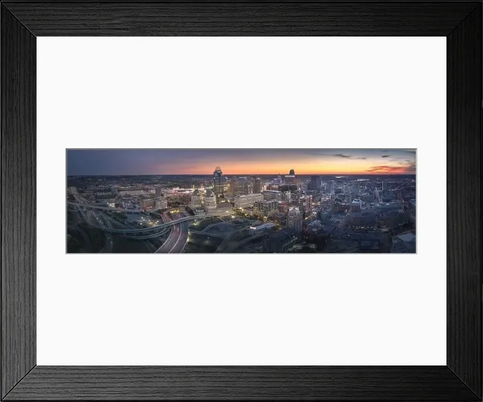 Framed Print : Cincinnati downtown aerial view at evening twilight, Ohio, USA skyline Framed Print : Cincinnati downtown aerial view at evening twilight, Ohio, USA skyline