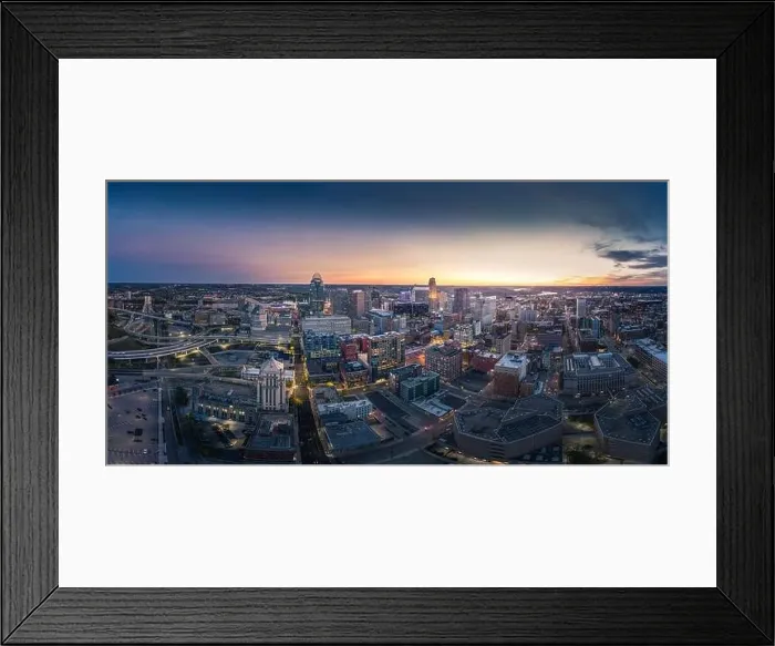 Framed Print : Cincinnati downtown aerial view at evening twilight, Ohio, USA skyline Framed Print : Cincinnati downtown aerial view at evening twilight, Ohio, USA skyline