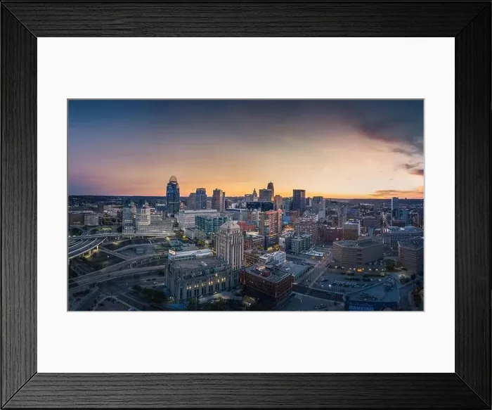 Framed Print : Cincinnati downtown aerial view at evening twilight, Ohio, USA skyline Framed Print : Cincinnati downtown aerial view at evening twilight, Ohio, USA skyline