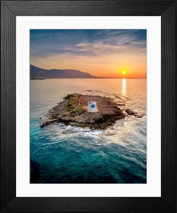 Framed Print : An old white church in a small island at sunset in Malia, Crete, Greece Framed Print : An old white church in a small island at sunset in Malia, Crete, Greece