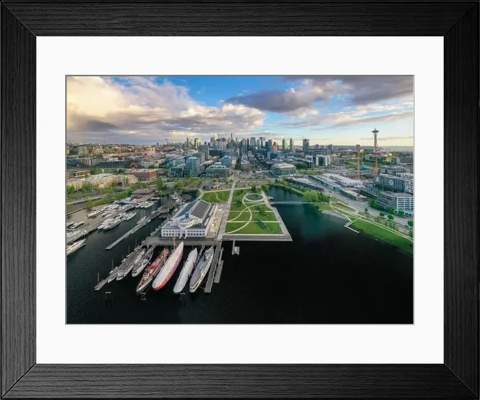 Framed Print : Grand Bird's Eye View of Seattle high above lake union right after a storm Framed Print : Grand Bird's Eye View of Seattle high above lake union right after a storm