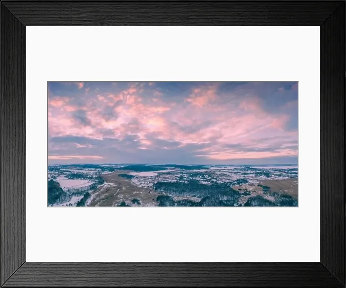 Framed Print : Panoramic top view of winter snowy countryside at sunset Framed Print : Panoramic top view of winter snowy countryside at sunset