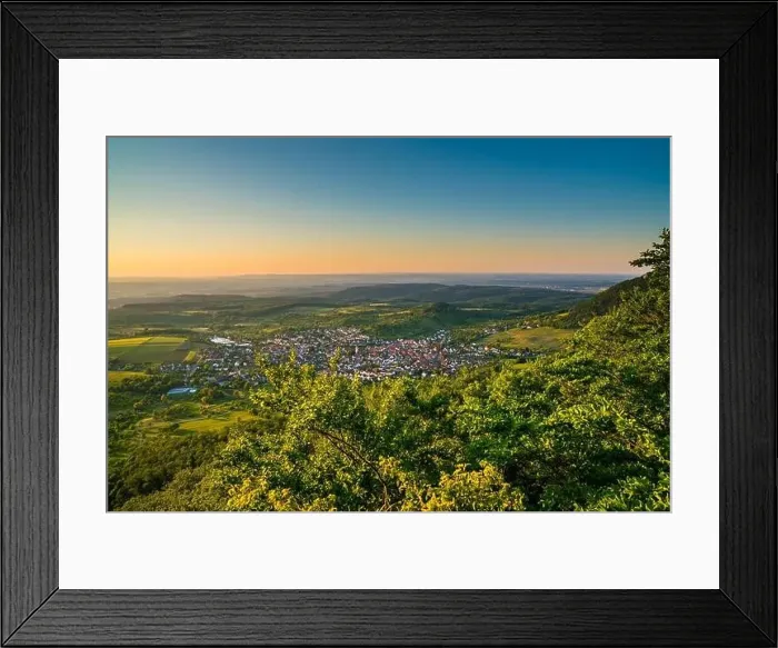 Framed Print : Germany, Panorama view above green landscape of beuren city houses and mountains of swabian jura scenery Framed Print : Germany, Panorama view above green landscape of beuren city houses and mountains of swabian jura scenery