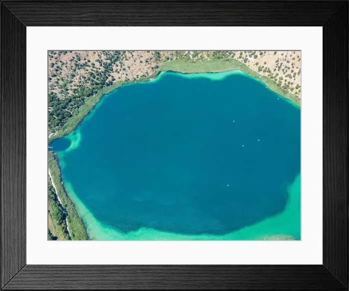 Framed Print : Aerial top view by drone of Kournas lake on Crete island. Greece Framed Print : Aerial top view by drone of Kournas lake on Crete island. Greece