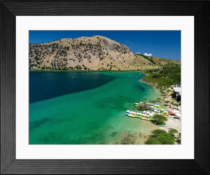Framed Print : Aerial top view by drone of Kournas lake on Crete island. Greece Framed Print : Aerial top view by drone of Kournas lake on Crete island. Greece
