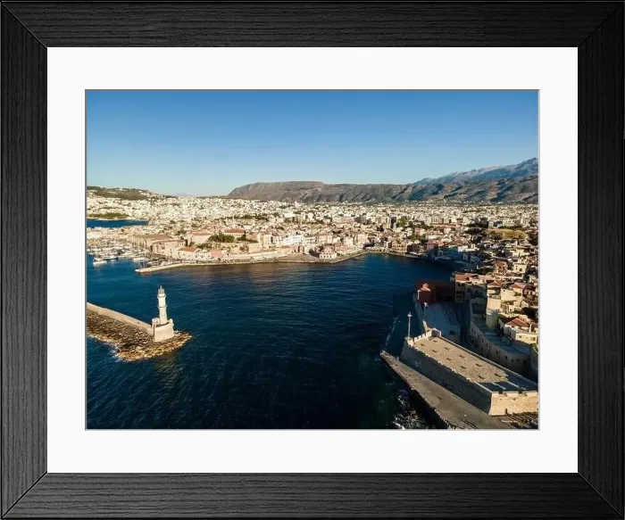 Framed Print : Aerial top view by drone of Chania city, Crete island, Greece Framed Print : Aerial top view by drone of Chania city, Crete island, Greece